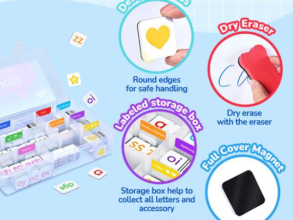 JoyCat 265 Phonics Magnetic Letter Tiles, ABC Reading Games Set with Word-Building Folder & Storage Case, Letter Sound Alphabet Letters, Classroom Materials