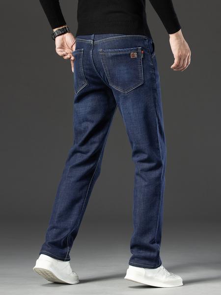 Men's Fleece Lined Denim Jeans, Loose Straight Leg Long Pants, Warm Fashionable Winter Washed Jeans, Casual All-Season Wear