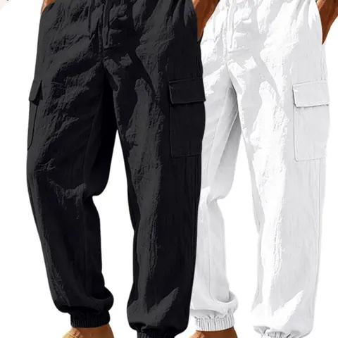 Men's 2-Pack Outdoor Tactical Pants, Linen Material, Drawstring Waist, Pocket, Waterproof Quick-Dry, All-Season, Durable Hiking Gear, Adventure Ready