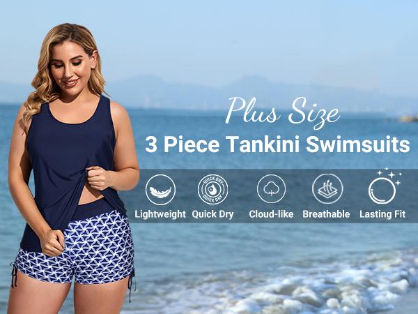 Holipick Women Three Piece Plus Size Tankini Swimsuits Tummy Control Bathing Suits with Sports Bra with Boy Shorts