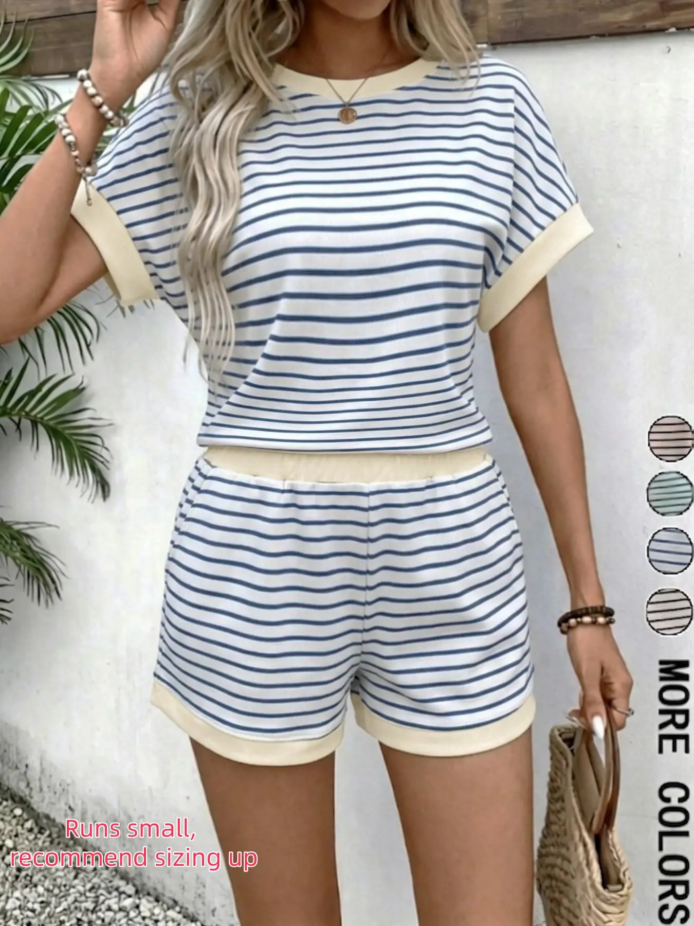 Women's Striped Knit Short Sleeve Top & Shorts Set, Lounge Set, Pajamas for Women, Pjs, Casual Style Summer Homewear, Pyjama Set for Beach and Vacation, Outdoor Wear, Loungewear & Sleepwear, Casual Comfy Pyjama