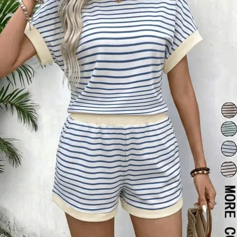 Women's Striped Knit Short Sleeve Top & Shorts Set, Lounge Set, Loose Lounge Clothes, Pajamas for Women, Pjs, Casual Style Summer Homewear, Pyjama Set for Beach and Vacation, Outdoor Wear, Loungewear & Sleepwear