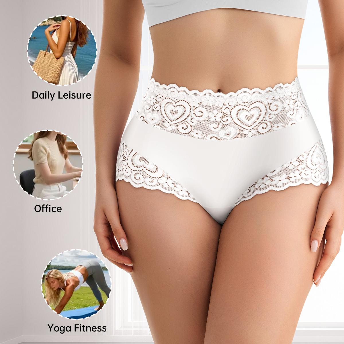 QUASTI 5PCS Mid Waisted Lace Women's Panties, Multi Colored Smooth Soft Fashion Sweet Lace Exquisite Underwear, Cool Elasticity No Show Full Coverage Briefs, Daily Wear S-XXL