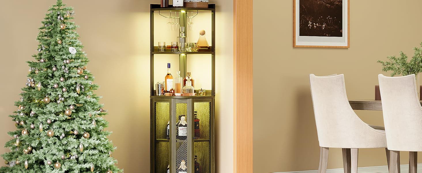 Corner Bar Cabinet with  Power Outlet and LED Strip, 65" H 5-Tier Corner Liquor Wine Display Cabinet for Home, Corner Bar and Storage Solution, for Living Room, Kitchen, Home Bar, Furniture,Gray