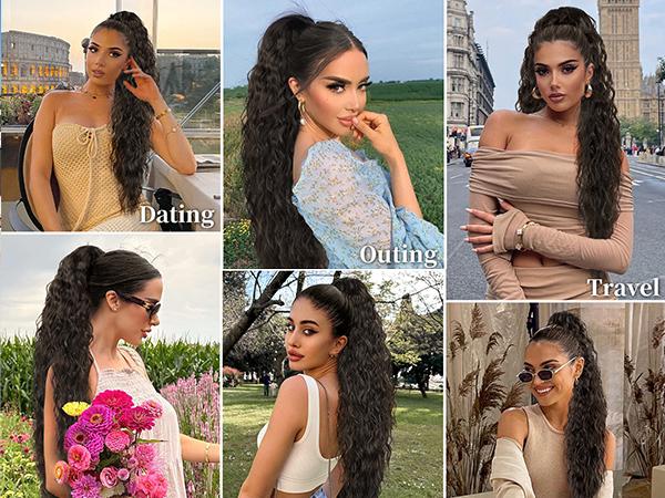 HIUSVO Ponytail Extension Claw 30 Inch Curly Pony Tail Clip in Claw Hair Extensions Fluffy Natural Looking Synthetic Hairpiece for Women