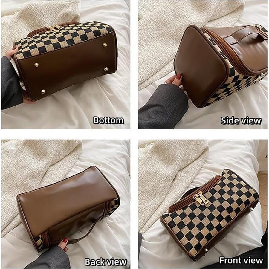 Checkerboard Pattern Makeup Bag with BottomStuds,Fashionable Cosmetic Storage Bag, CasualVersatile Zipper Makeup Organizer Pouch forWomen & Girls