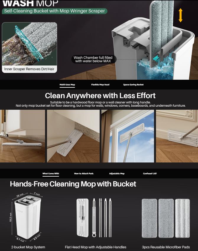 JOYMOOP 50“ Mop and Bucket with 3 Reusable Microfiber Pads Hands Free Flat Squeeze Mop with Wringer Set with Long Handle，White