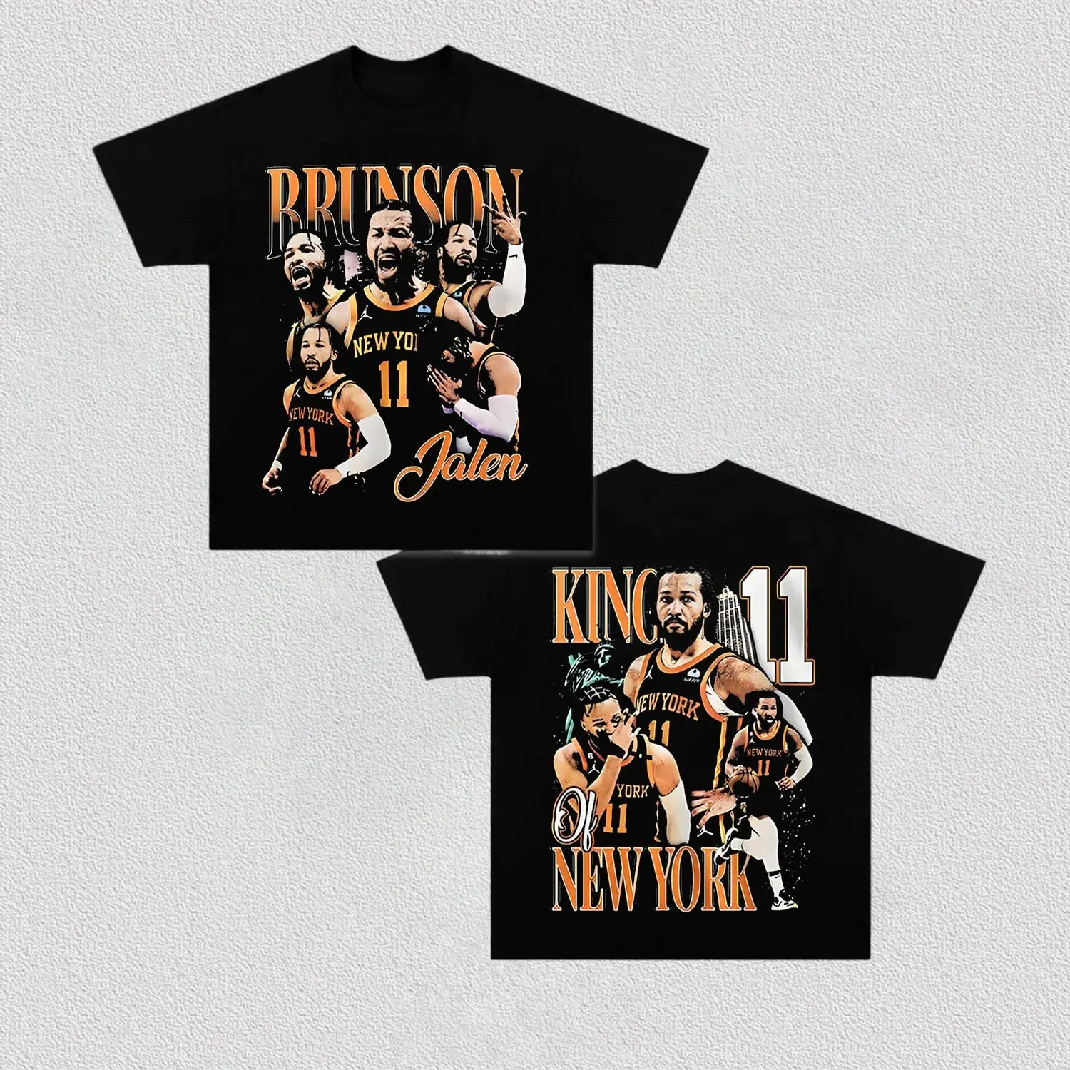 Retro Gradient Jalen Brunson Knicks Double Sided Vintage T Shirt, Bootleg Multi Action Player Collage Front & King Of New York Back Design, Oversized Drop Shoulder Unisex Black Tee, Premium Heavy Cotton Sports Apparel For Basketball Supporters Street Styl