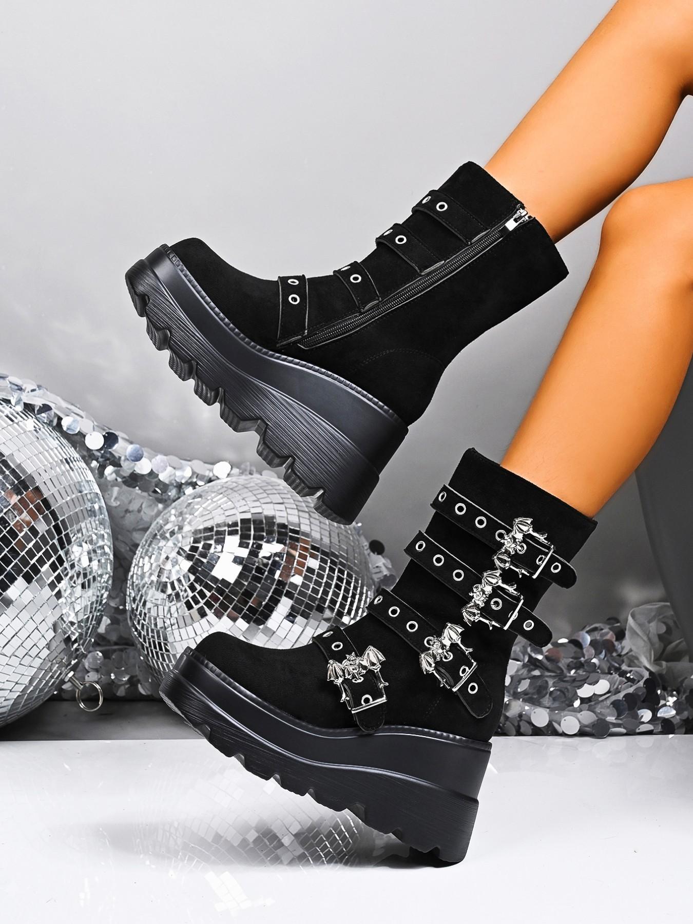 Vintage Gothic Four-Row Bat Metal Buckle Platform Boots, Casual Goth Boots, Side Zipper Design, Height-Increasing Slope Heel, Punk Motorcycle Boots Footwear, Boots Shoes