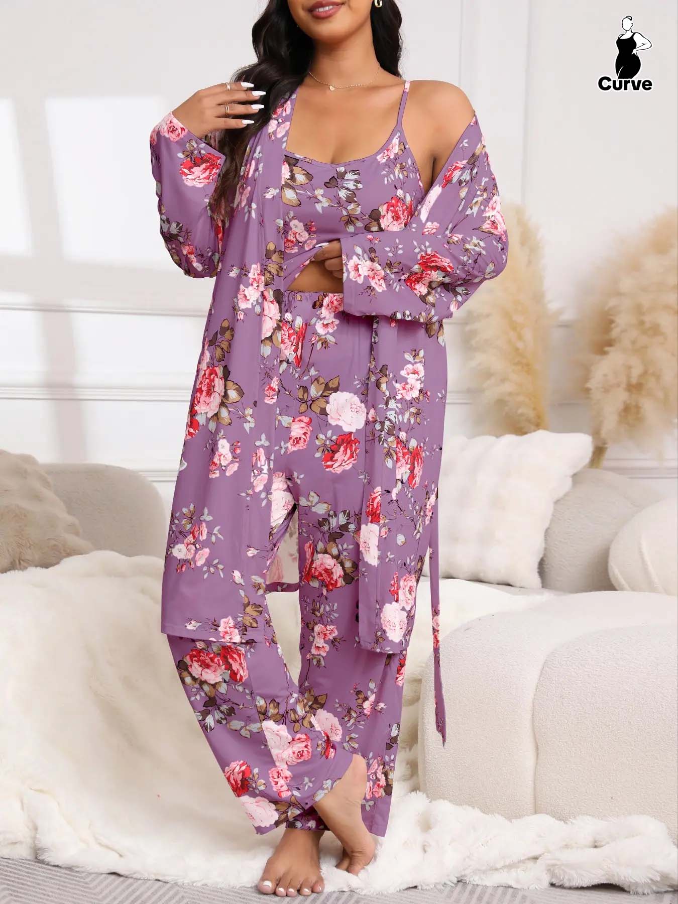 Plus Size 3-Piece Set Floral Print Belted Lounge Robe & Cami Top & Elastic Waist Pants Pyjama Set, Elegant Comfy Women's Sleepwear for Spring & Fall