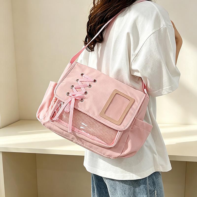 Women's Japanese School Style Canvas Shoulder Bag - Cartoon Theme, Zip Closure, Crossbody Strap, Ample Space for Casual Wear, Versatile Bookbag
