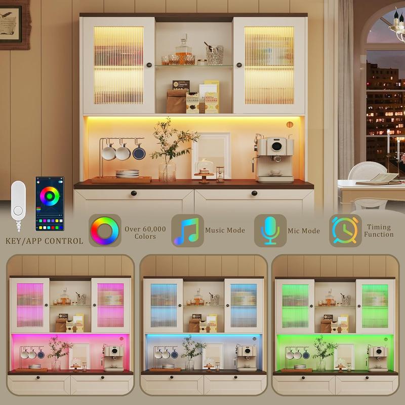 71" Kitchen Pantry Cabinet with Lights & Glass Doors, Pantry Storage Cabinet with Microwave Stand, Kitchen Hutch Food Cabinets with Charging Station, Adjustable Shelves, White