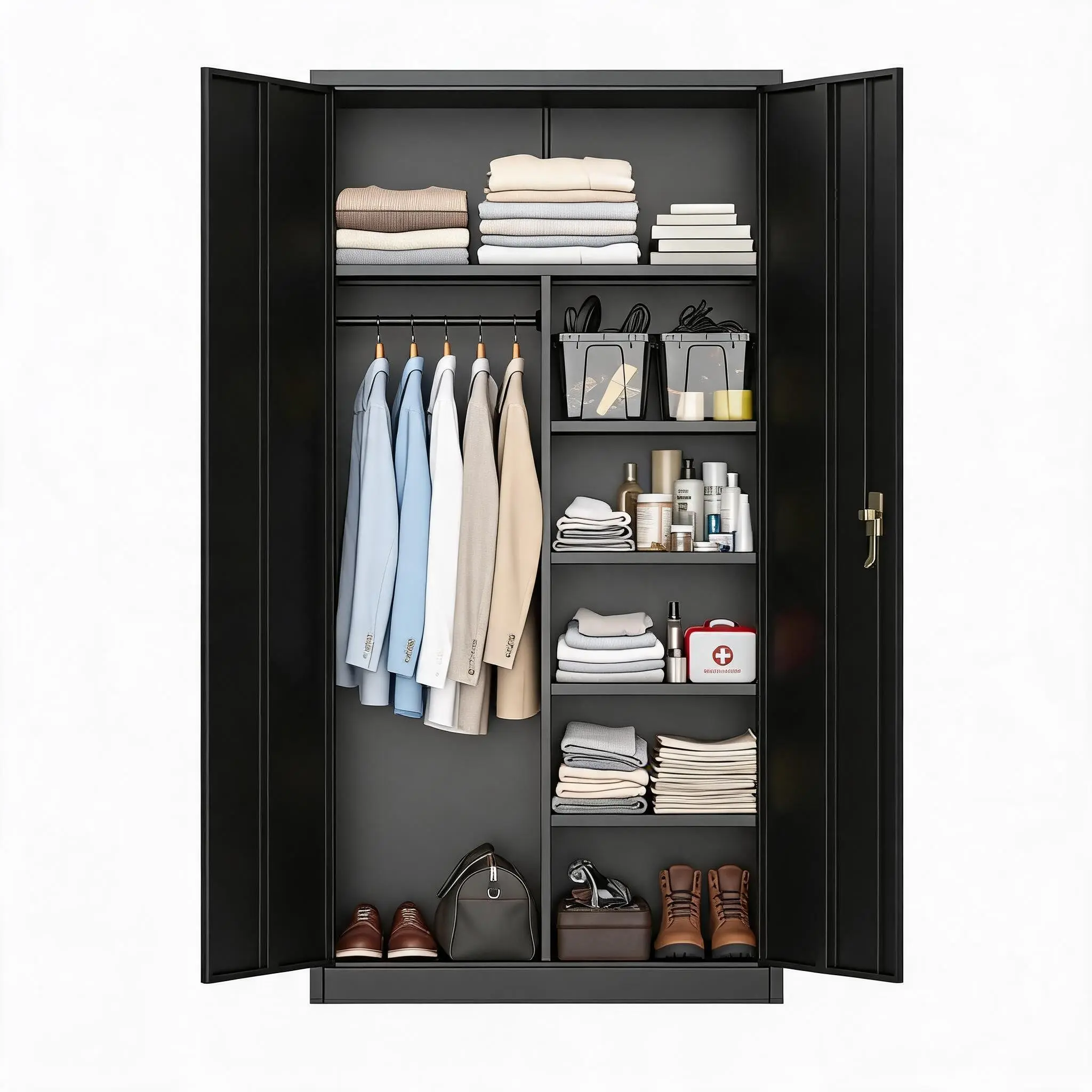 Heavy Duty Metal Wardrobe Cabinet with Lock – Freestanding Steel Storage Locker, Adjustable Shelves & Hanging Rod – Secure Storage Solution for Clothes, Tools, Garage, Office, Home, or Gym, 70.9" x 35.4" x 17.7", Easy Assembly