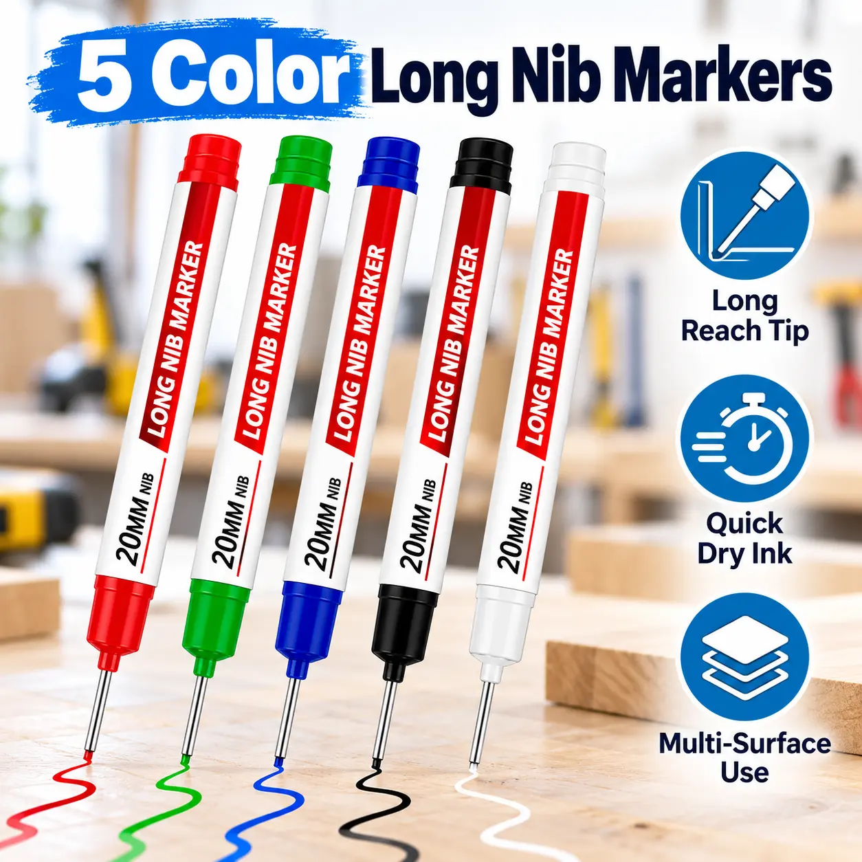 Long-Tip Deep Hole Marker Pens, Quick-Drying Carpenter Markers with 20 mm Extended Nibs and 1.5 mm Tips for Woodworking, Construction & DIY Projects