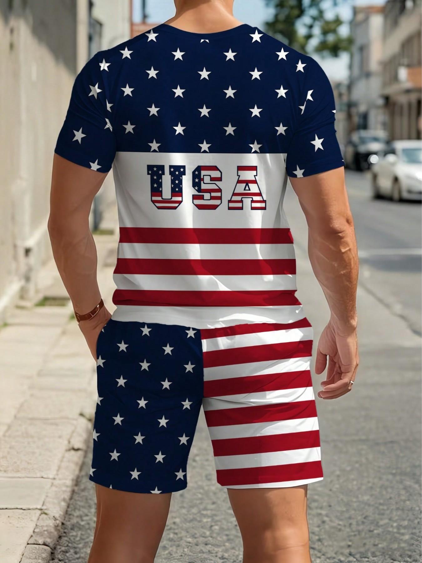 Men's Colorblock Usa Flag Pattern Casual T-Shirt and Shorts Set, Polyester Knit Stretch, Fitted, Summer 2-Piece