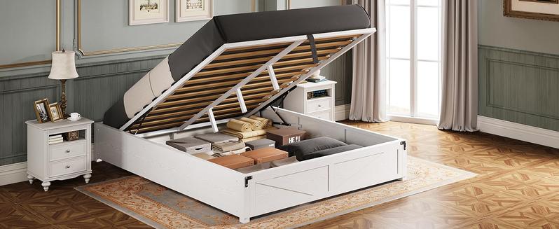LIKIMIO Platform Queen Bed Frame with Lift-Up Storage, Unique Bedroom Furniture - Farmhouse Style, Wooden Slats, Sturdy Silent &  Easy Assembly