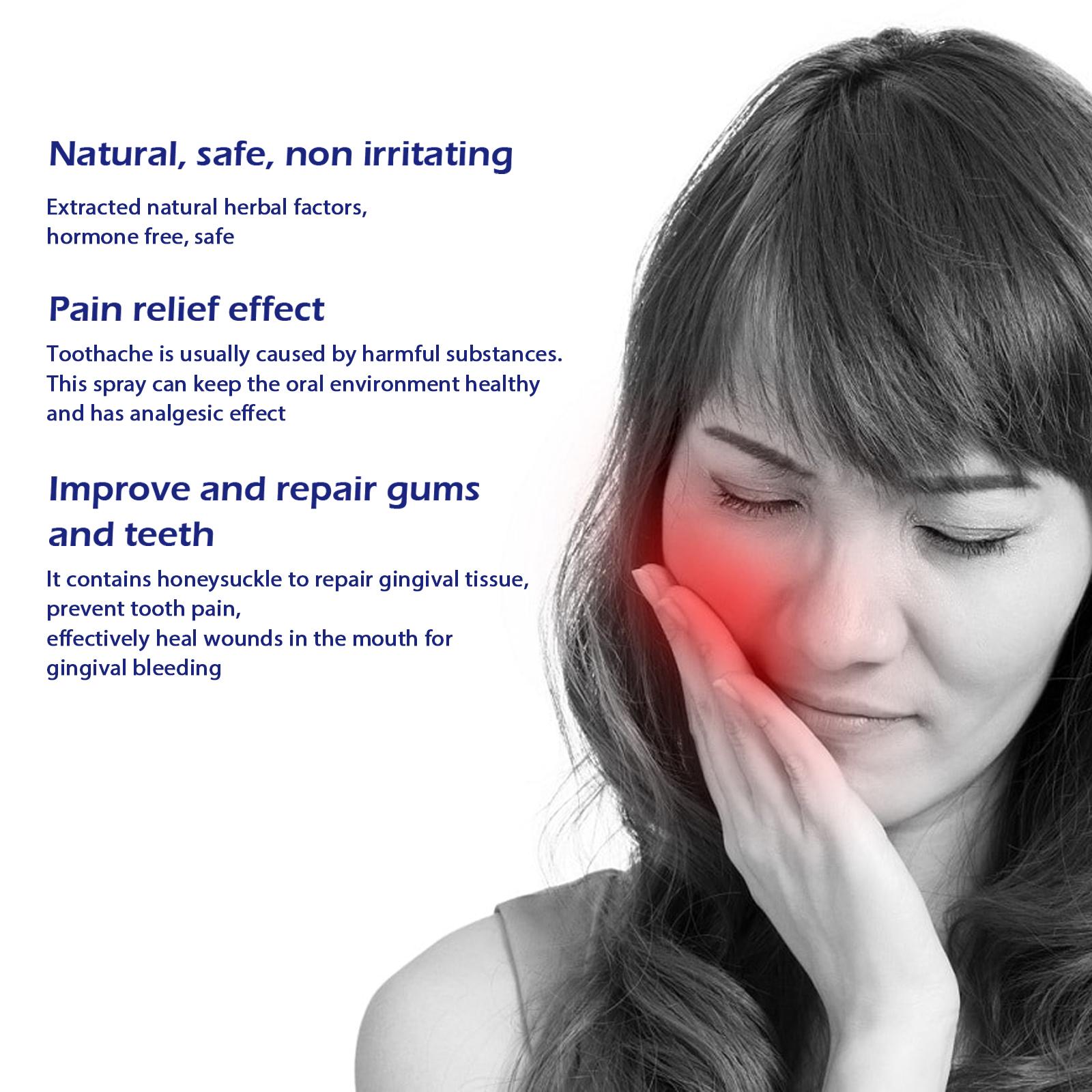 Special analgesic spray for toothache, used to reduce swelling and pain of teeth, eliminate inflammation of wisdom teeth, gingivitis, nerve treatment of periodontitis. Special analgesic spray for toothache, used to reduce swelling and pain of teeth, eliminate inflammation of wisdom teeth, gingivitis, nerve treatment of periodontitis.