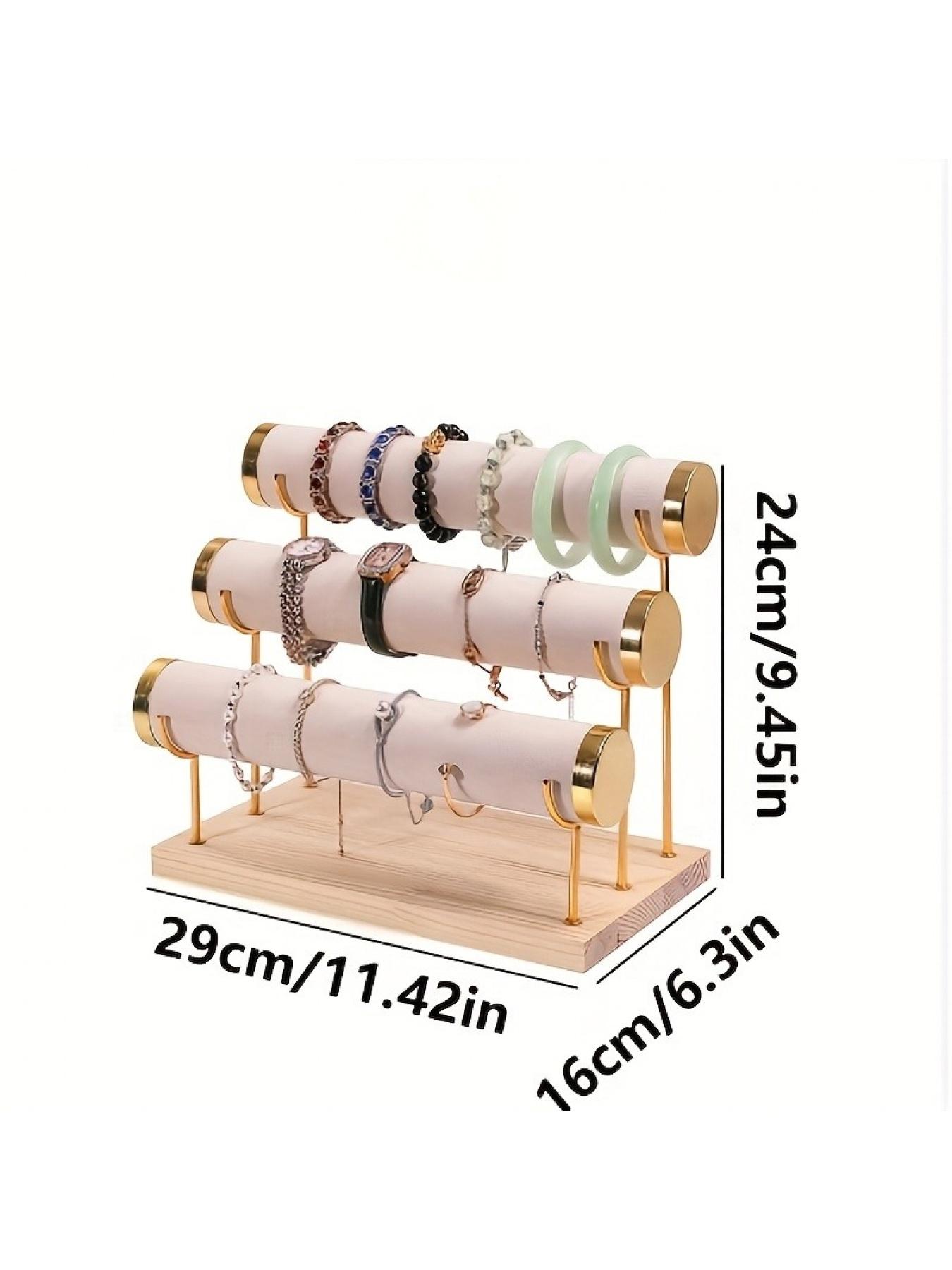 1 Pack 3-Layer Velvet Bangle Bracelet Stand with Detachable Rod Travel Home Jewelry Hanging Organizer for Bangles and Watches Beige Pink