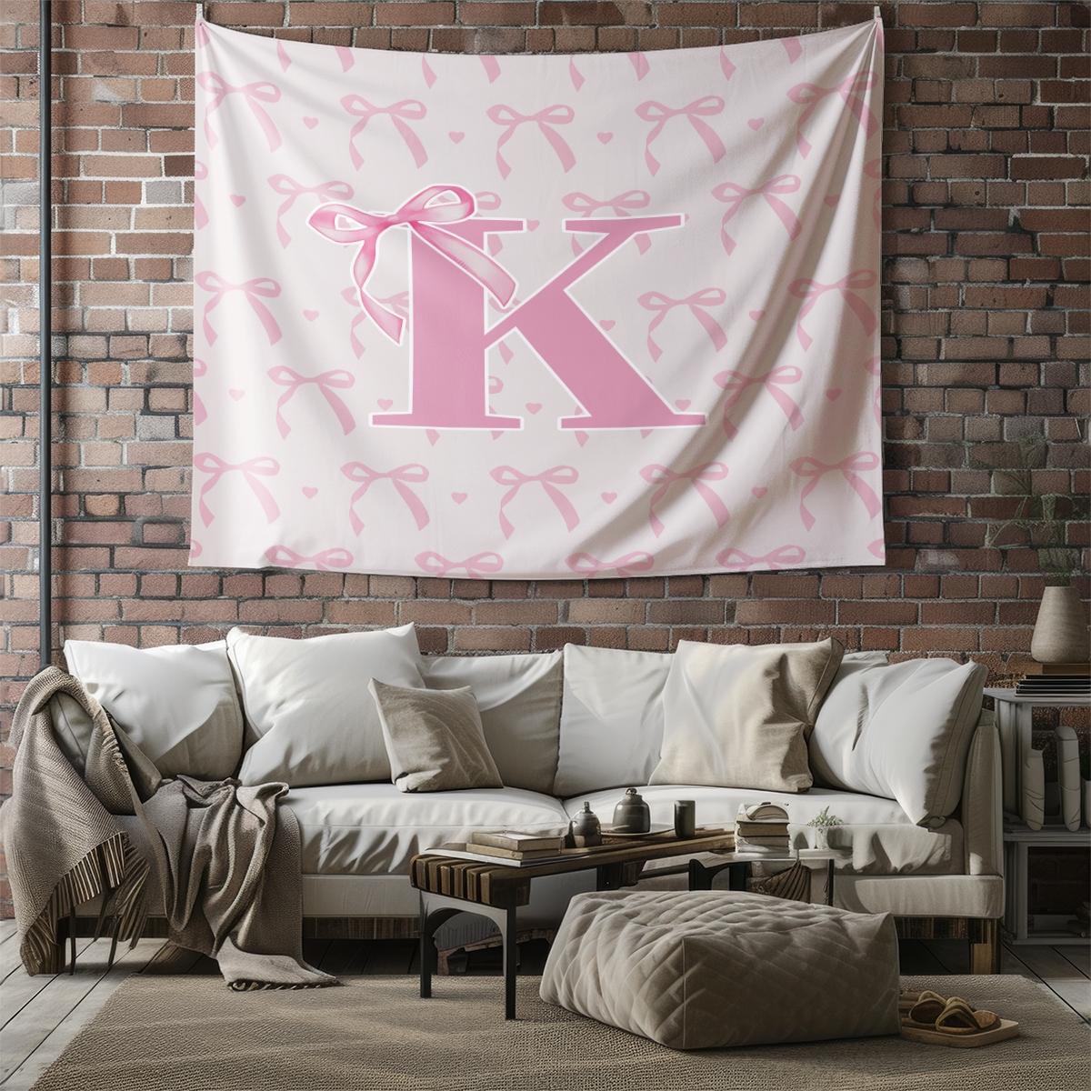 Pink Bow Heart Wall Tapestry, Custom Initial Sweet Print, Soft Decorative, Ideal for Girls Bedroom Living Room Wall Decor
