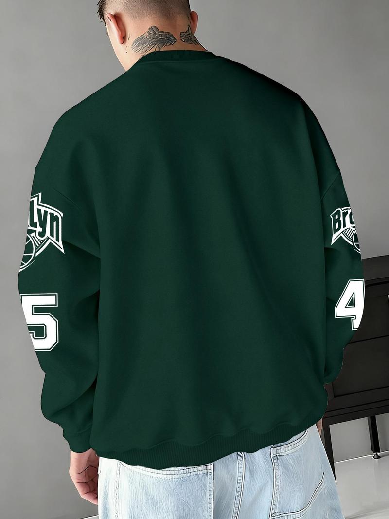 Men's Hot Selling Letter Number Print Fleece Pullover Sweatshirt, Casual Fall & Winter Round Neck Top, Thick Fabric, Fitted Style