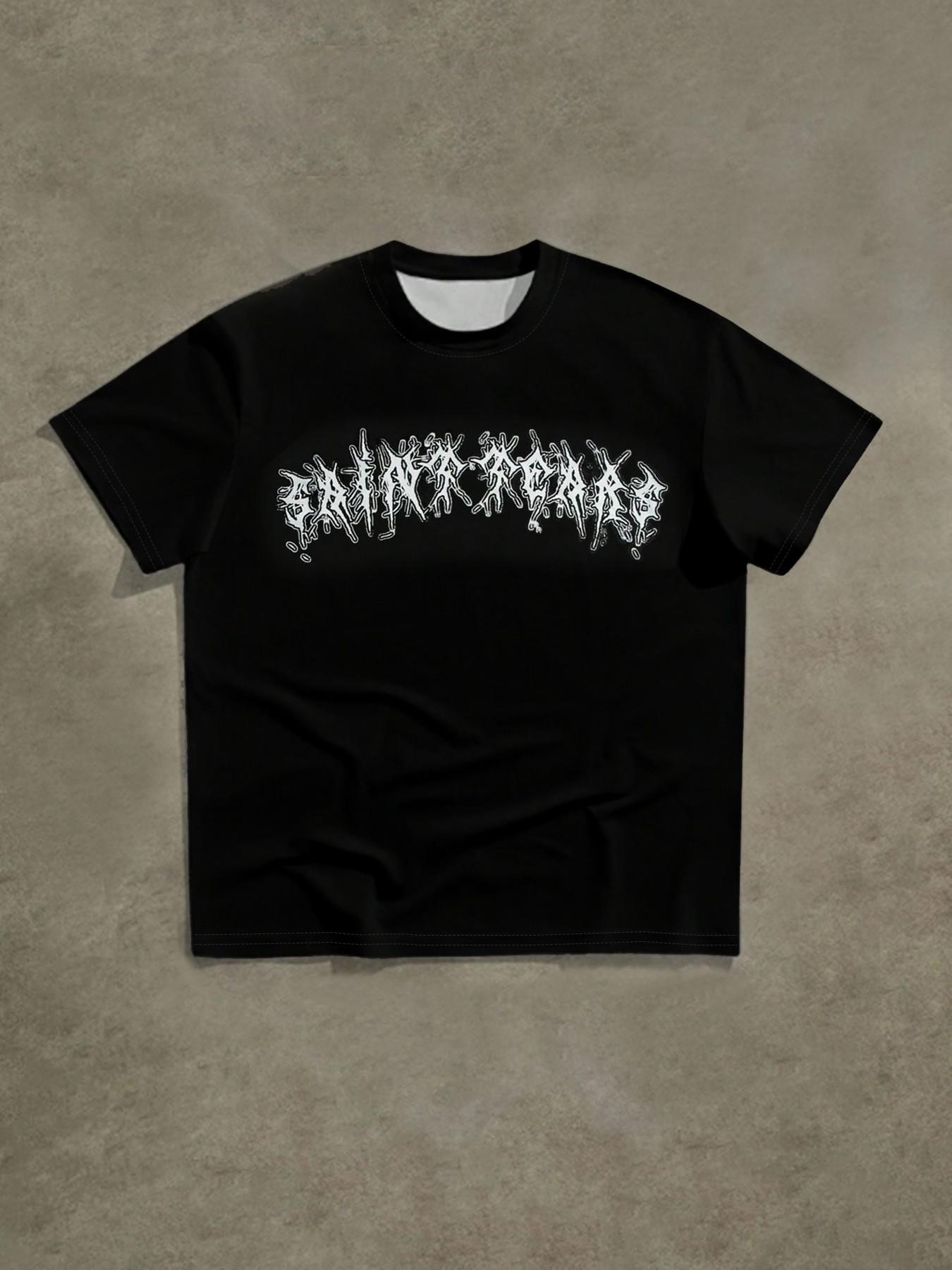 Men's Retro Eye & Cross Graphic Oversized T-Shirt, Gothic Streetwear Top, Long Loose-Fitting Floral Pattern, No Button or Zipper