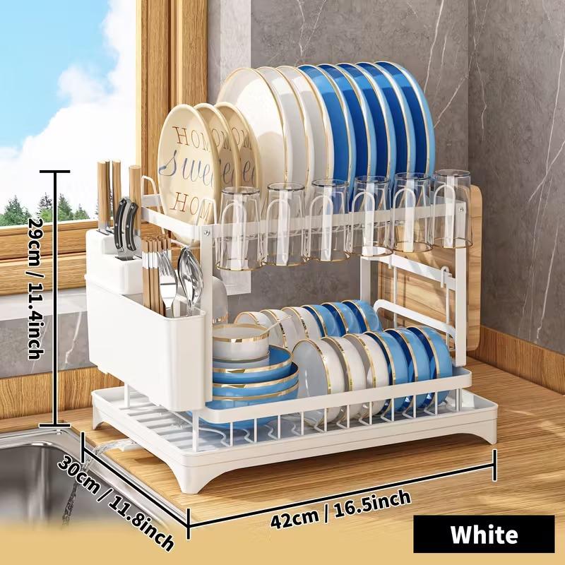 Countertop dish draining rack with removable drain tray and knife, fork and chopstick storage rack