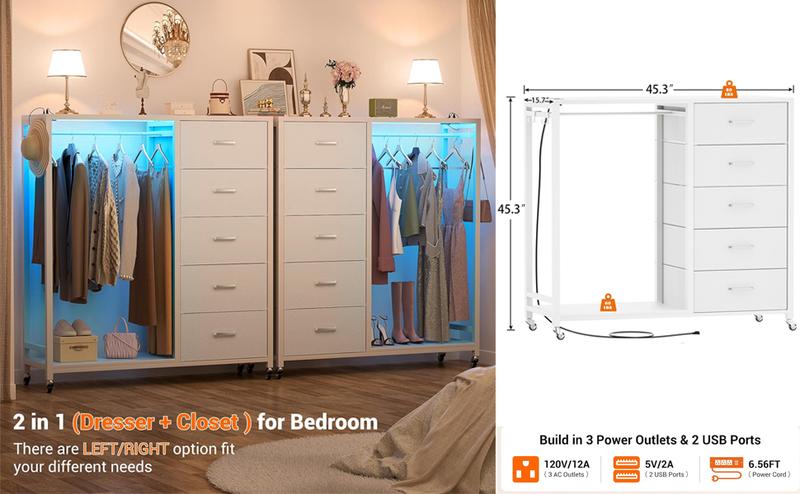 80'' Height Freestanding Wood Closet System, DIY Reversible Stand-alone Wardrobe Walk-in Closet Garment Organizer with Hanging Rod and Drawers, White