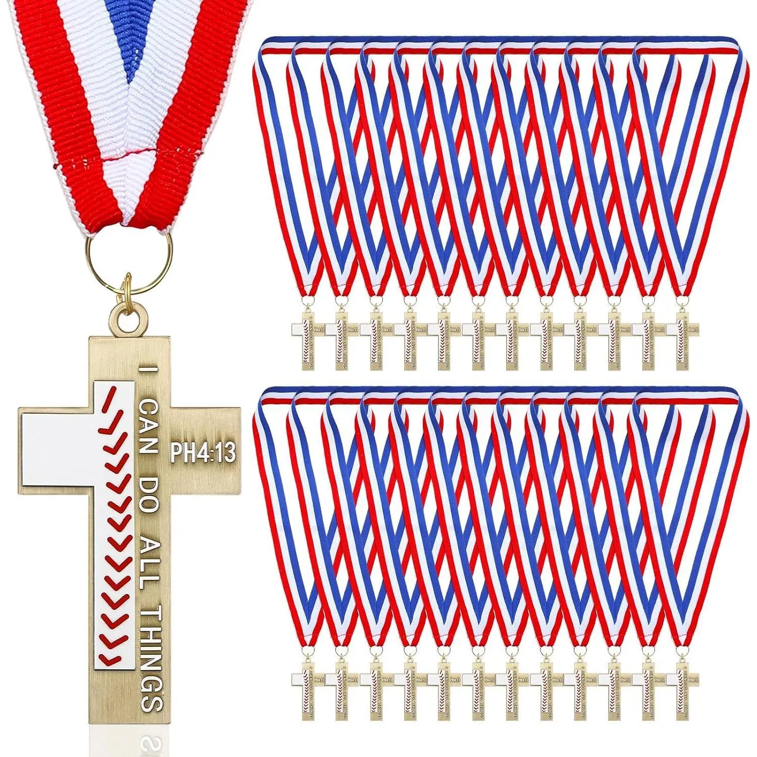 24 Pack Basketball Baseball Softball Soccer Cross Award Medal Team Participation Trophy Prize with Red White Blue Striped Ribbon Religious Christian Gift Sports Team Favors