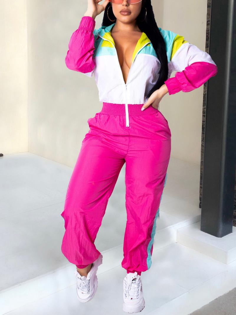 Women's Colorblock Hooded Jumpsuit with Zipper Pockets, Elastic Waist Casual Fitted Overall, Lightweight Windbreaker Jumpsuit