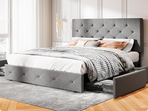 MUTICOR Storage Bed frame with 4 Drawers【Frame Only No Mattress】Upholstered Platform Bed with Button Tufted Adjustable Headboard,No Box Spring Needed，Full/King/Queen Bed Frame #TikTokShopBlackFriday #ChristmasGifts