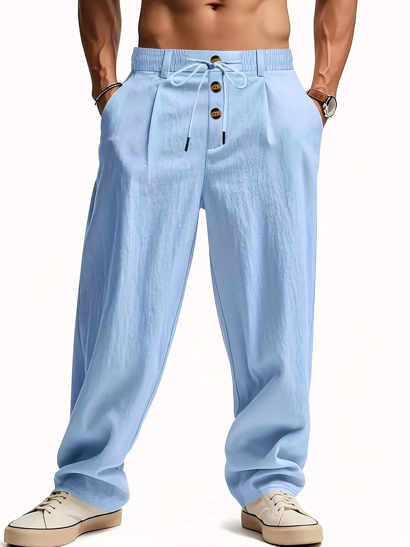 3 pieces of men's summer plain-color simple linen casual straight-leg trousers, Casual Solid Drawstring, beach-friendly lightweight breathable linen trousers, suitable for daily commuting and outdoor activities, vacations, beaches, Casual Fashion Pockets