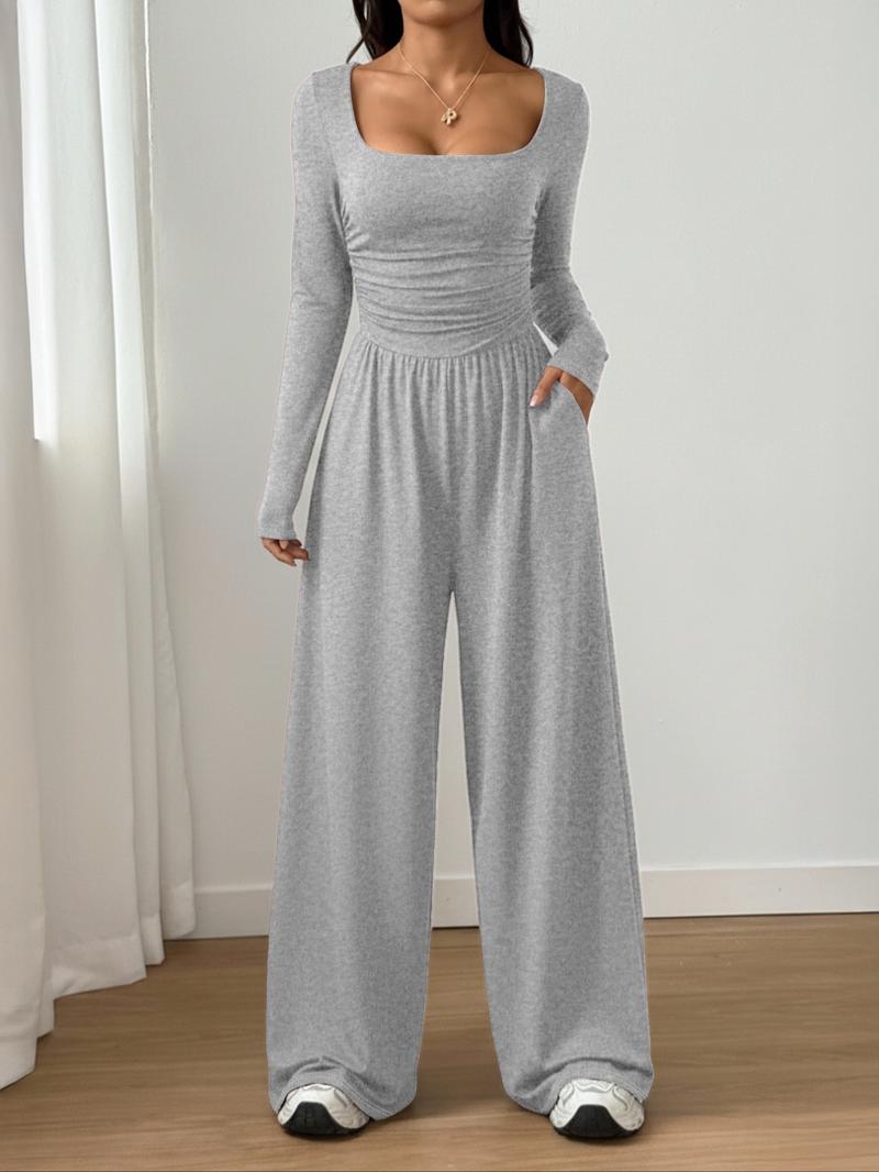 Women's 2-Piece Fall Winter Knit Solid Color Square Neck Fashion Comfortable Simple Versatile Long Sleeve Wide Leg Jumpsuit Set