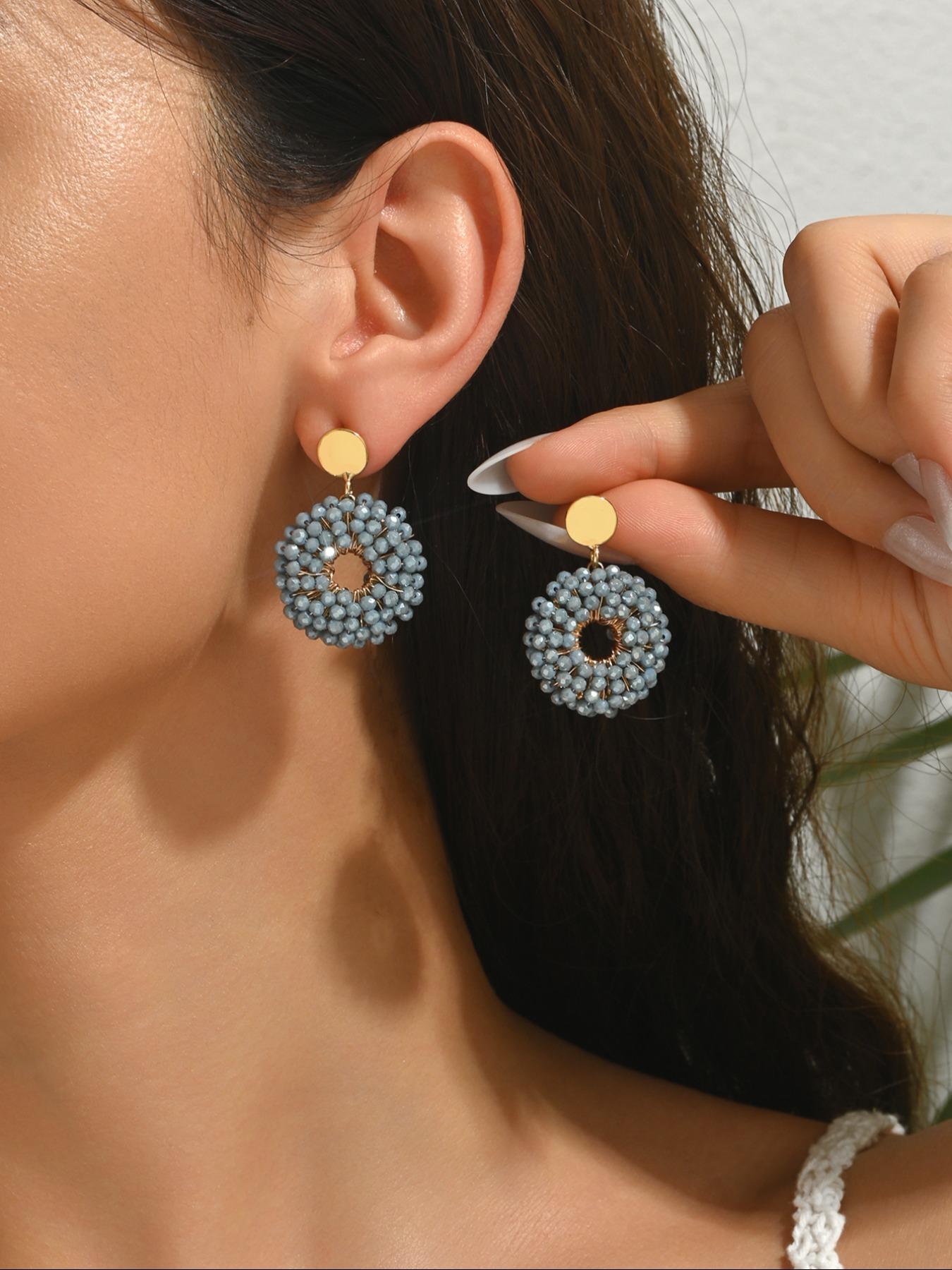 A pair of pure handmade, beaded circular dangle earrings featuring a dazzling "Bling-Bling" effect and a chic Bohemian resort style. These vintage-inspired, ethnic-style earrings offer a unique, versatile, and minimalist aesthetic—exuding elegance