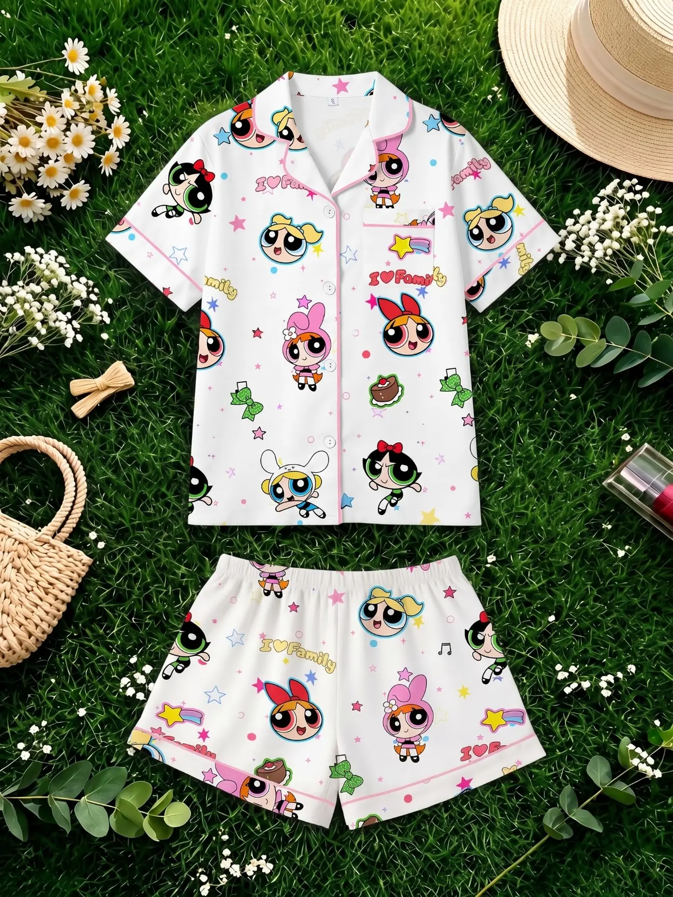 Women's Short Sleeve Pajama Set, Soft Comfortable Fabric, Powerpuff Girls Print, Loose Fit, Casual Summer Sleepwear, Home Wear, Shorts Sleepwear Sets