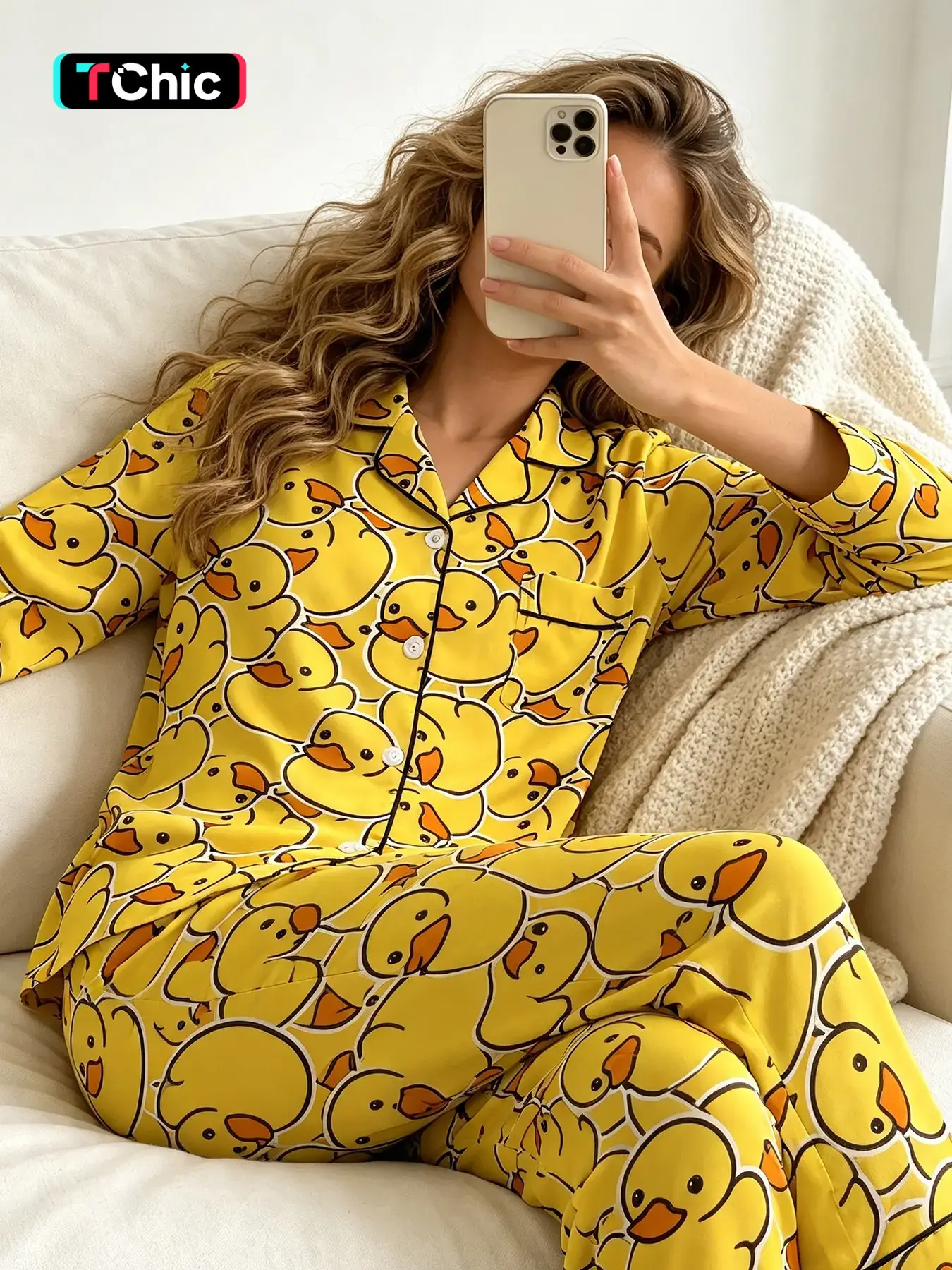 Women's 2 Piece Pajama Set, Long Sleeve Open Shirt+Long Pants, All Season Wear, Nightwear, Cartoon Yellow Duck All Over Print, Bright Healing Style, Casual Home Loungewear