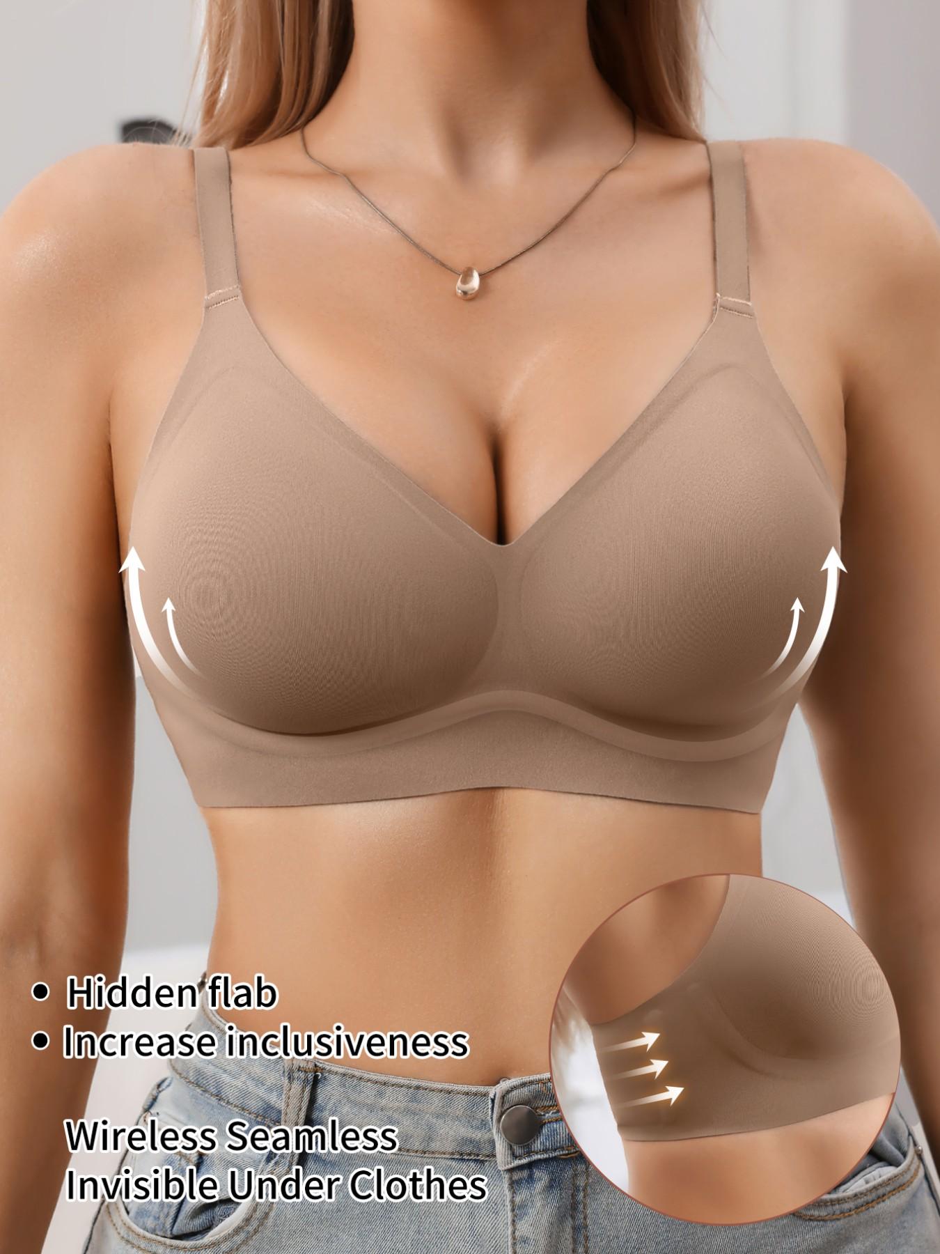 Jelly Bra Sexy V-Neck Gathered Wireless No Underwire Half Fixed Cup Pad Soft Comfort Women Daily Bra, Adjustable Strap, Medium Support, All Seasons