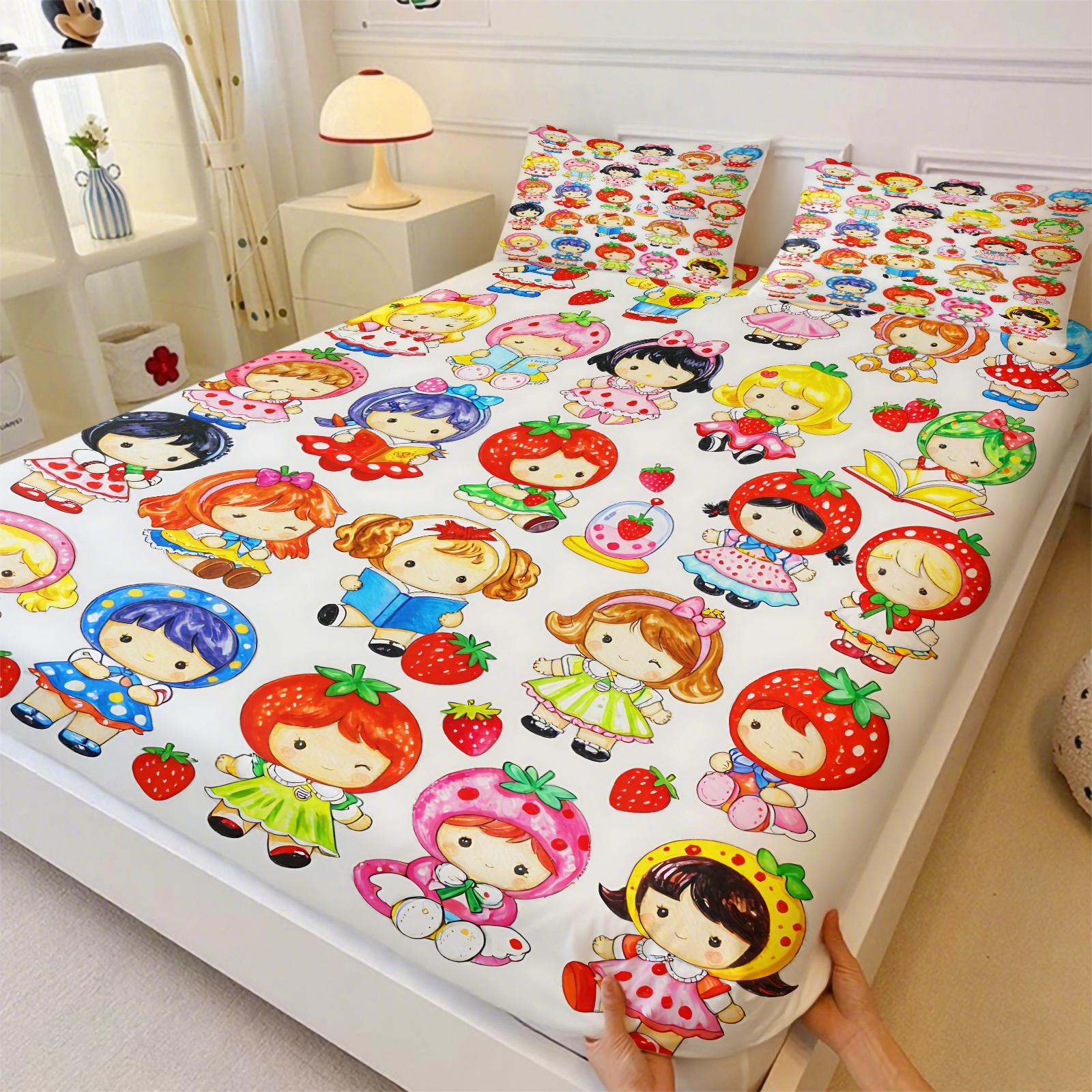 Q Version Strawberry Sweetheart Cartoon Fitted Sheet Set & 2 Pillowcases No Core, Wavy Stripe Design Paired with Cute Cartoon Characters, Soft Anti-Slip Wrinkle-Resistant, Girls' Bedroom Decor, Gift Choice