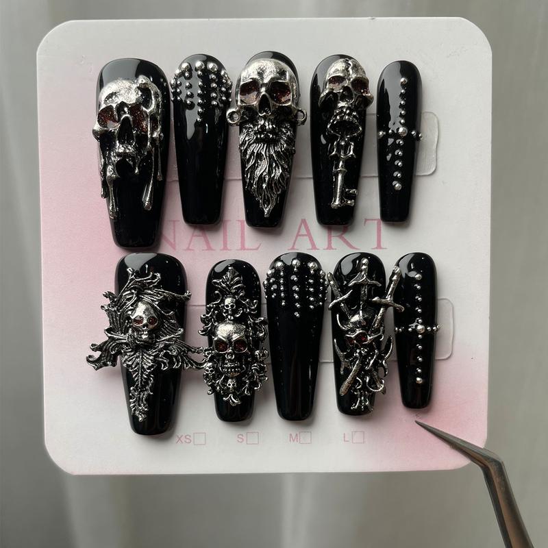 10 PCS Handmade 3D Silver Color Skull Press On Nails, Stylish Acrylic Nails, Halloween Witch Armor Gothic Fake Nails, Long Ballerina/Stiletto Shape, Removable
