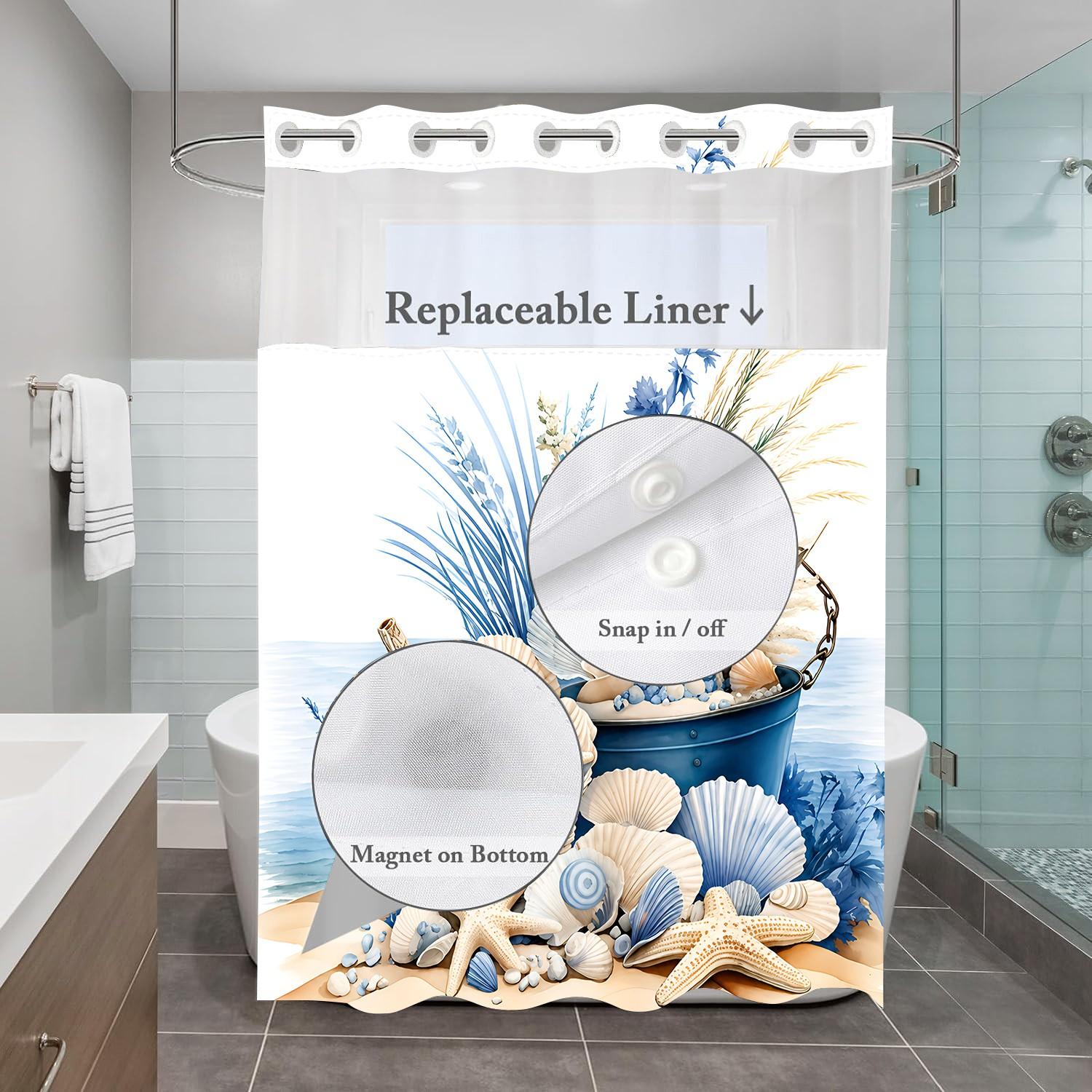 LVRLVR 1pc Coastal Nautical Blue Seashell Starfish Summer Bathroom Aesthetic Shower Curtain, Beach Watercolor Print, Sheer Top Window, Detachable Liner & No Hook C-Ring, 70.8" x 74"