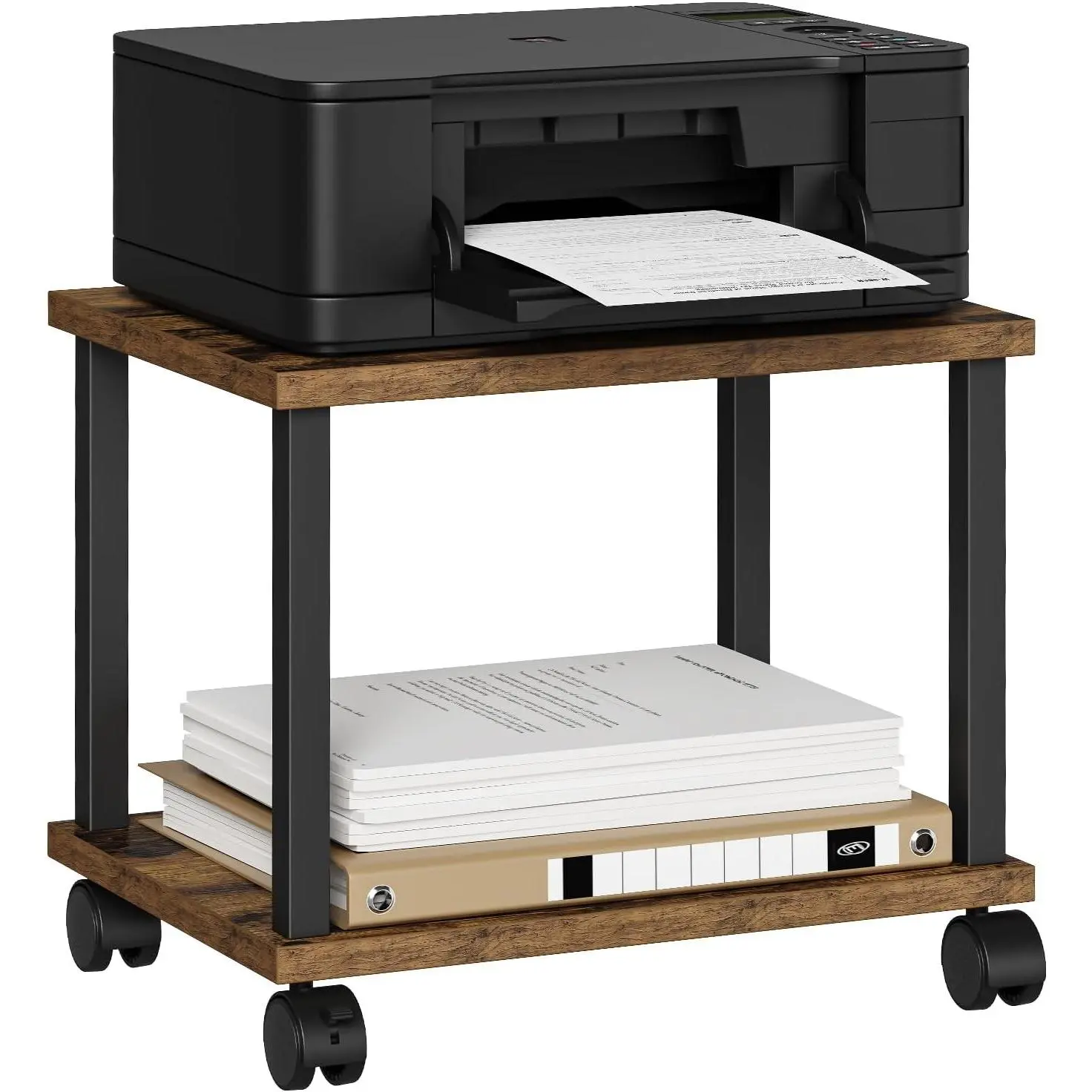 Printer Table, 2-Tier Under Desk Printer Stand, Printer Cart | Printer Stand with Wheels, Printer Shelf for Small Spaces, Printer Cart for Home Office, Rustic Brown