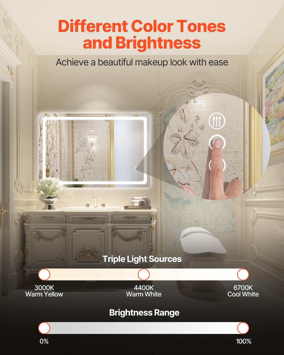 VEVOR LED Bathroom Mirror, 32" x 48" LED Bathroom Vanity Mirror with Frontlit and Backlit, Anti-Fog Memory Mirror with Lights, Stepless 3 Colors Temperature Dimmable Bathroom Mirror, Wall Mounted