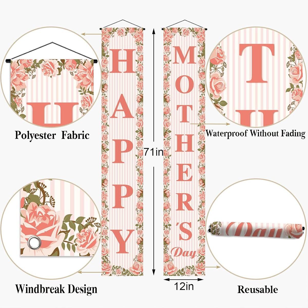 Mother's Day Porch Banner Rose Striped Outdoor Door Hanging Decoration Waterproof Durable 180x30cm, Perfect Gift for Moms
