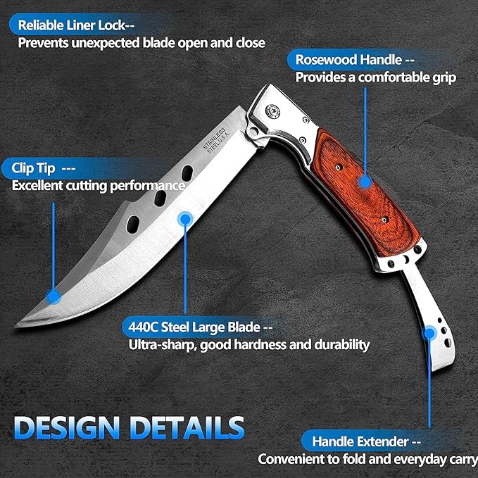 10.5" Large Folding Knife with Rosewood Handle - Long Blade Best Gift for Men,Outdoor Camping Survival Kitchen Fruit Knife