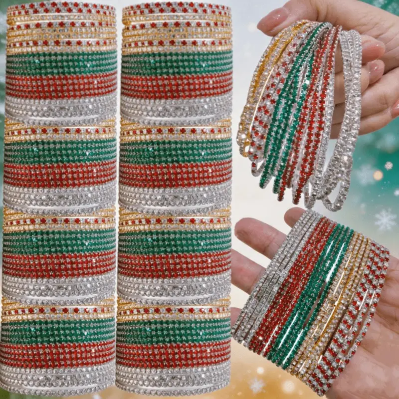 10/20Pcs Christmas Rhinestone Stretch Bracelets Set for Men Women, Red Green White Sparkly Stackable Tennis Bracelets, Xmas Holiday Party Jewelry Gift for Family Friends
