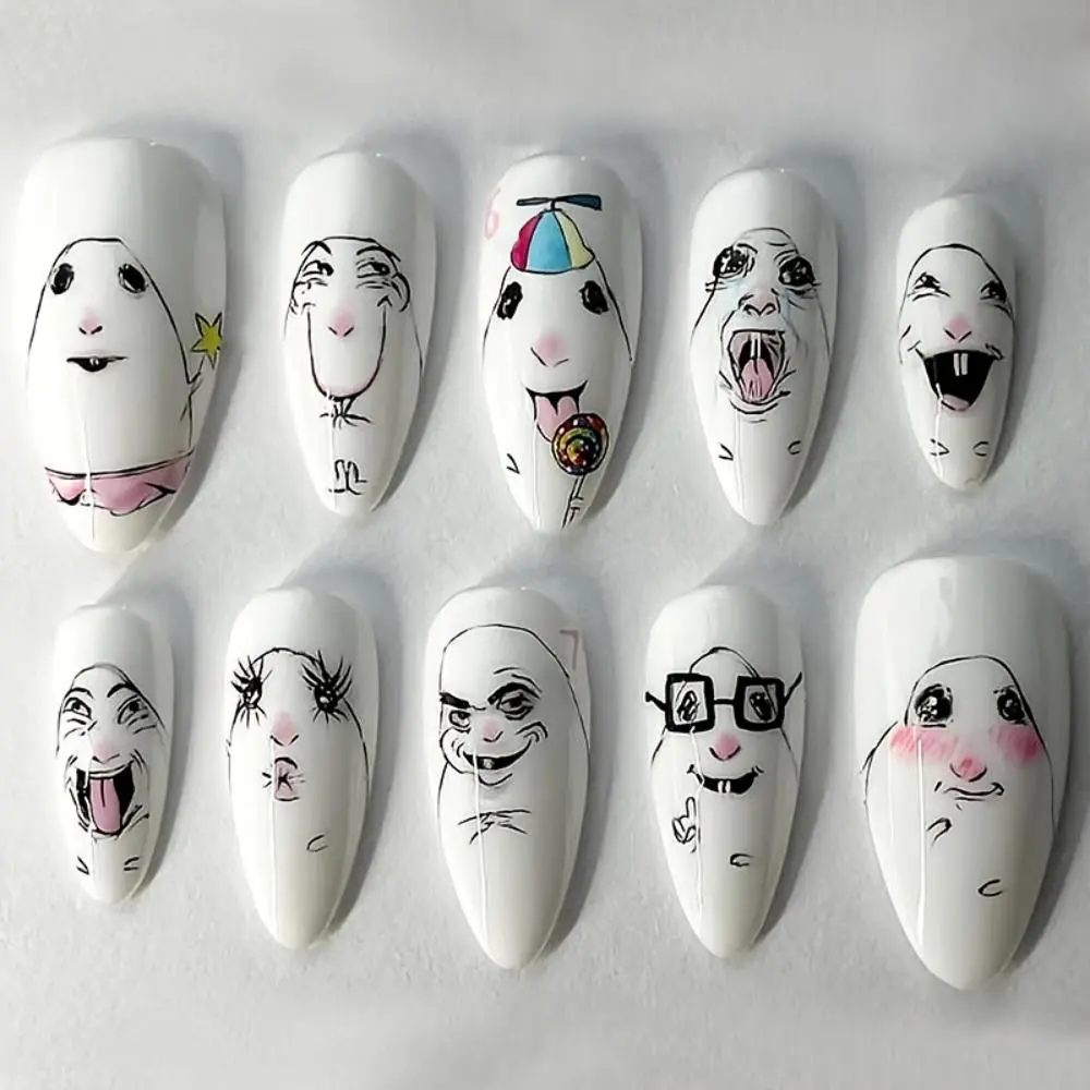 24PC Funny Meme Face Almond Press On Acrylic Nails, Medium Glossy Expression Salon-Quality Reusable False Nails, Trendy Y2K Humor Style Nail Accessory For Daily Vacation Festival Party, Easy To Apply & Great As Gifts