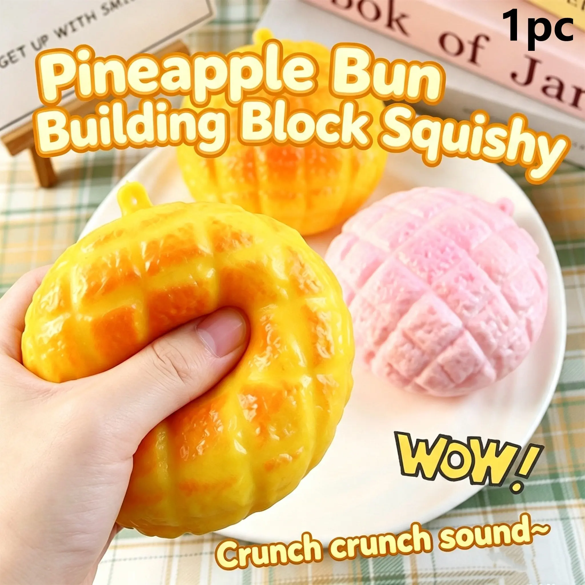 Crunchy Pineapple Bun Squishy - Bead Filled Squeeze Fidget Toy, Realistic Food Replica Design Sensory Squeeze Ball with Crunchy ASMR Feel for Adults
