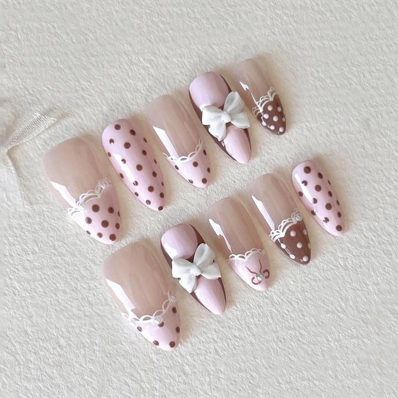 24PCS Sweet Pink French Press on Nails Brown Polka Dots 3D White Bowknot Fake Nails for Women Girl Almond False Nails Detachable