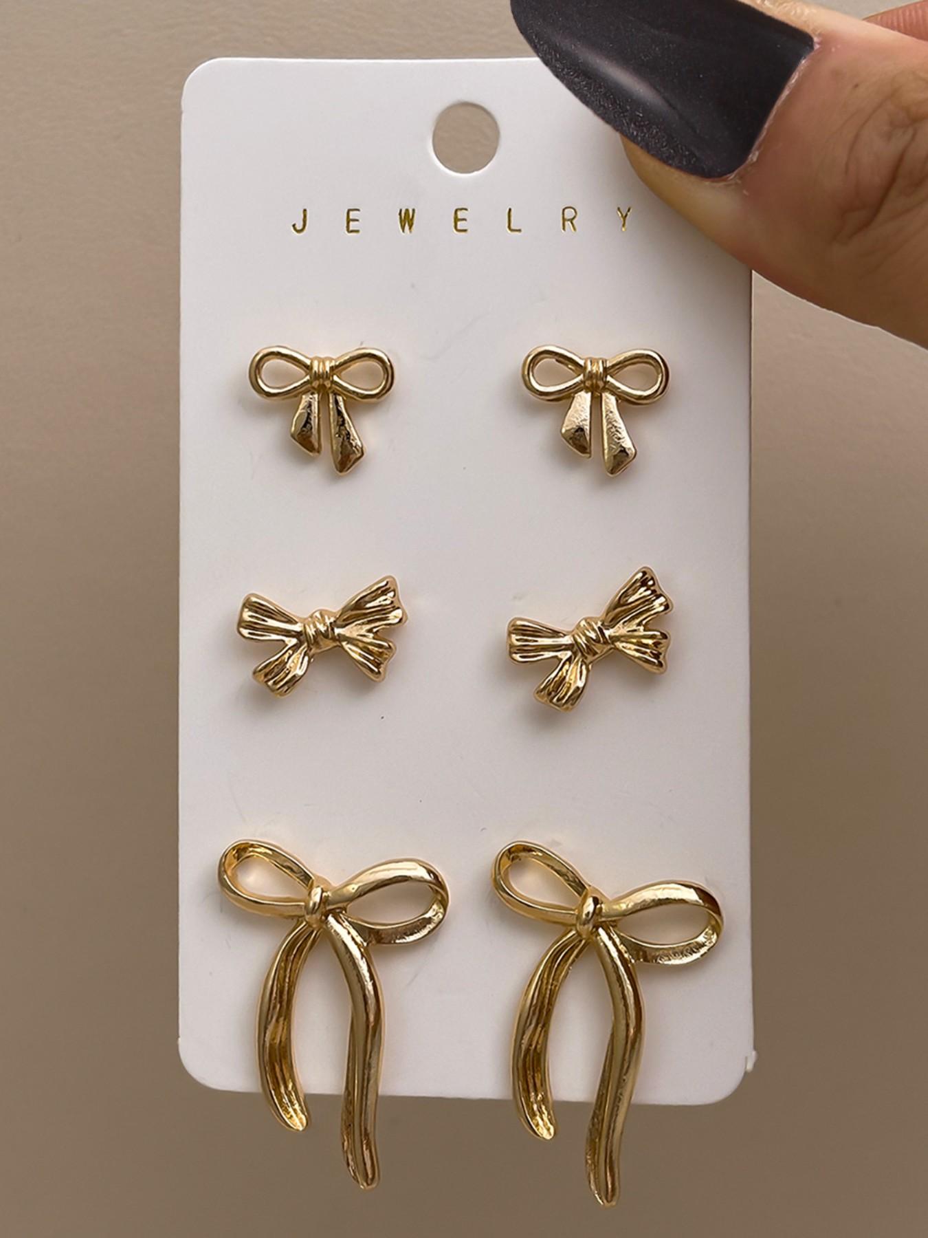 3 Piece Set Fashion Matte Bow Stud Earrings, Sweet Girl Style, Alloy Material, Casual Wear, Perfect for Dating and Photoshoots