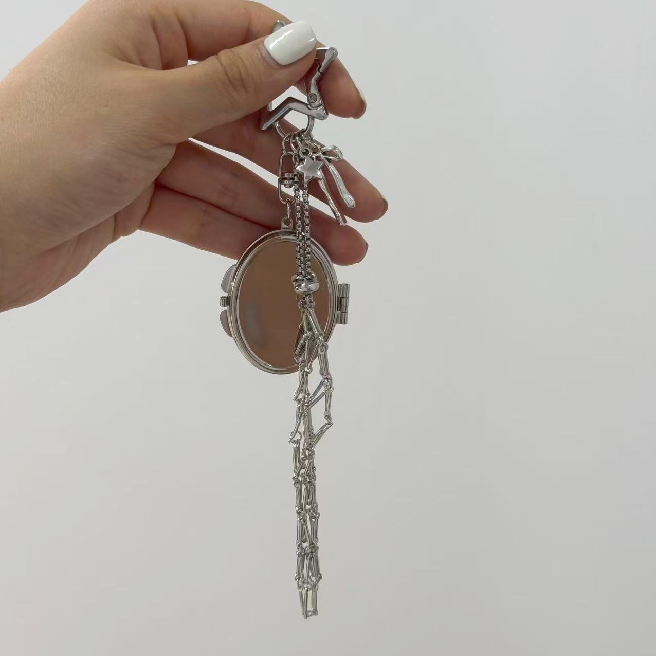 Ins style lady's fashion lipstick storage mirror case lipstick bag mesh bag keychain pendant