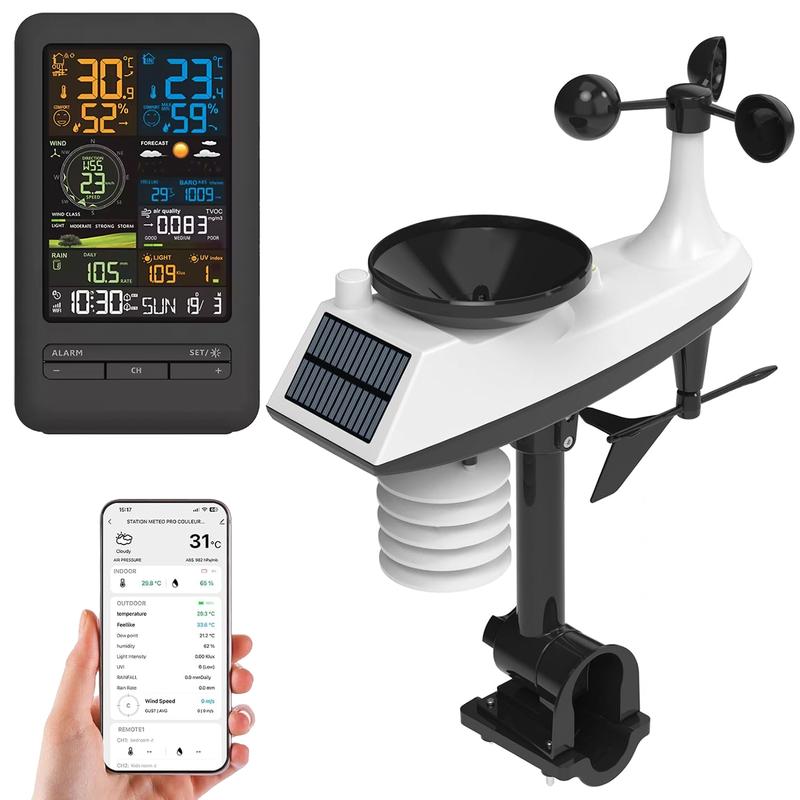 Smart Home Weather Station with Wireless APP Sync, Auto-Calibrated Calendar, Indoor Outdoor Thermometer Hygrometer, Anemometer Rainfall UV TVOC Sensor, Dual Alarm Night Light, Professional Forecast Gear for Camping Travel Safety